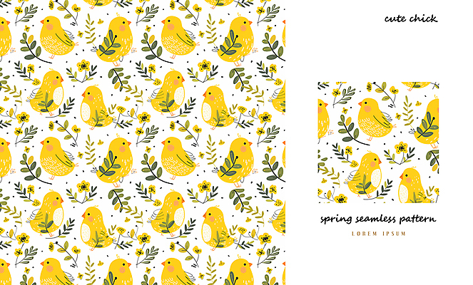 PSD 패턴 일러스트 나뭇잎 병아리 사람없음 노란색 봄 패턴백그라운드 아기자기 국내일러스트 계절 컬러 백그라운드 컨셉 잎 무늬 조류 파일형식