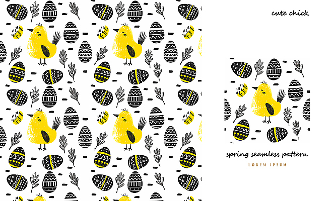 PSD 패턴 일러스트 나뭇잎 병아리 사람없음 노란색 계란 검은색 봄 패턴백그라운드 아기자기 국내일러스트 계절 컬러 백그라운드 컨셉 잎 무늬 조류 알 파일형식