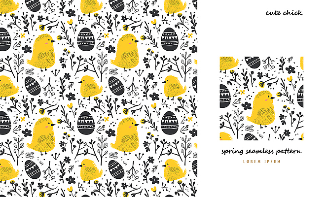 PSD 패턴 일러스트 나뭇잎 병아리 사람없음 노란색 계란 검은색 봄 패턴백그라운드 아기자기 국내일러스트 계절 컬러 백그라운드 컨셉 잎 무늬 조류 알 파일형식