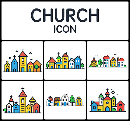 나무 아이콘 십자가 주택 사람없음 건물 세트 컬러풀 교회 문 2D아이콘 AI파일 식물 건축물 컬러 종교건축 파일형식 벡터
