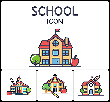 나무 아이콘 시계 학교 사람없음 건물 책 세트 컬러풀 연필 펜 문 깃발 사과 2D아이콘 AI파일 식물 건축물 교육 컬러 과일 학용품 필기구 파일형식 벡터