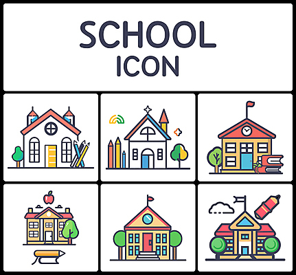 나무 아이콘 시계 학교 사람없음 건물 책 세트 컬러풀 연필 펜 문 깃발 사과 2D아이콘 AI파일 식물 건축물 교육 컬러 과일 학용품 필기구 파일형식 벡터