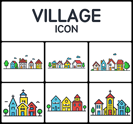 나무 아이콘 십자가 주택 사람없음 건물 세트 컬러풀 문 마을 발코니 2D아이콘 AI파일 식물 건축물 컬러 파일형식 벡터
