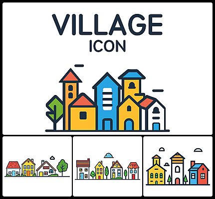 나무 아이콘 주택 사람없음 건물 세트 컬러풀 문 마을 2D아이콘 AI파일 식물 건축물 컬러 파일형식 벡터