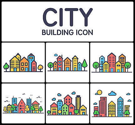 나무 아이콘 주택 빌딩 사람없음 건물 세트 컬러풀 문 도시 2D아이콘 AI파일 식물 건축물 컬러 파일형식 벡터