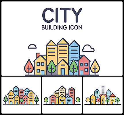 나무 아이콘 주택 빌딩 사람없음 건물 세트 컬러풀 문 도시 2D아이콘 AI파일 식물 건축물 컬러 파일형식 벡터
