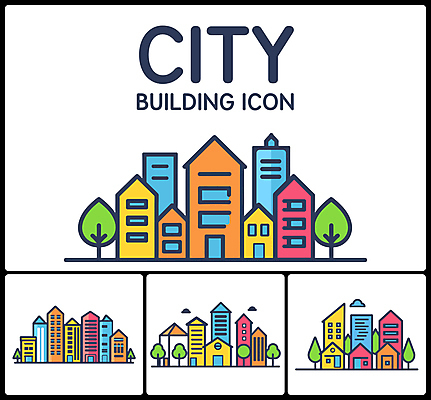나무 아이콘 주택 빌딩 사람없음 건물 세트 컬러풀 문 도시 2D아이콘 AI파일 식물 건축물 컬러 파일형식 벡터