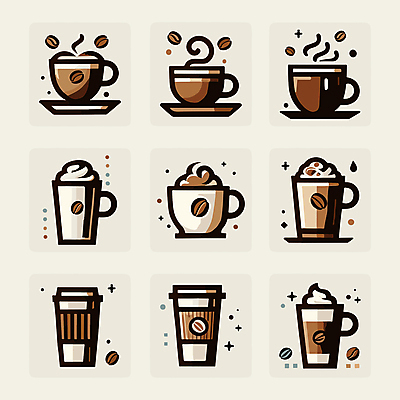아이콘 커피 음료 사람없음 컵 세트 갈색 카페 커피잔 테이크아웃컵 2D아이콘 AI파일 식기 컬러 잔 상점 파일형식 벡터