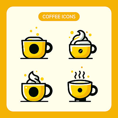 아이콘 커피 음료 사람없음 컵 세트 노란색 카페 커피잔 2D아이콘 AI파일 식기 컬러 잔 상점 파일형식 벡터