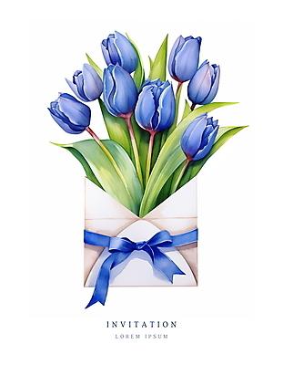 PSD 리본 꽃다발 잎 일러스트 편지봉투 수채화 사람없음 여름 파란색 봄 튤립 메시지 우아함 편지 초대장 초대 국내일러스트 카드프레임 식물 계절 꽃 컬러 컨셉 봉투 카드_감사 프레임 파일형식