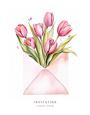 PSD 분홍색 꽃다발 잎 일러스트 편지봉투 수채화 사람없음 여름 봄 튤립 메시지 우아함 편지 초대장 초대 국내일러스트 카드프레임 식물 계절 꽃 컬러 컨셉 봉투 카드_감사 프레임 파일형식