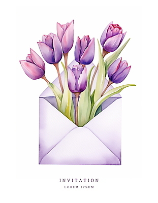 PSD 꽃다발 잎 일러스트 편지봉투 수채화 사람없음 여름 보라색 봄 튤립 메시지 우아함 편지 초대장 초대 국내일러스트 카드프레임 식물 계절 꽃 컬러 컨셉 봉투 카드_감사 프레임 파일형식