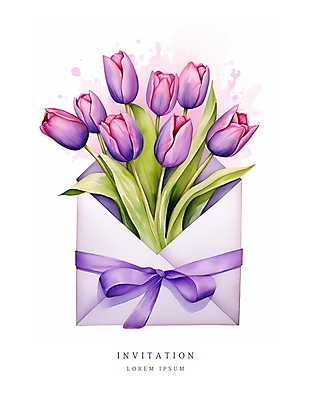 PSD 리본 꽃다발 잎 일러스트 편지봉투 수채화 사람없음 여름 보라색 봄 튤립 메시지 우아함 편지 초대장 초대 국내일러스트 카드프레임 식물 계절 꽃 컬러 컨셉 봉투 카드_감사 프레임 파일형식