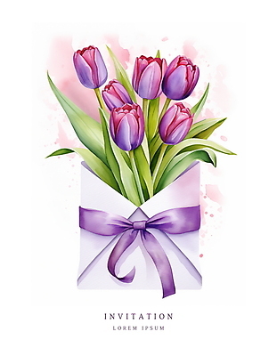 PSD 리본 꽃다발 잎 일러스트 편지봉투 수채화 사람없음 여름 보라색 봄 튤립 메시지 우아함 편지 초대장 초대 국내일러스트 카드프레임 식물 계절 꽃 컬러 컨셉 봉투 카드_감사 프레임 파일형식