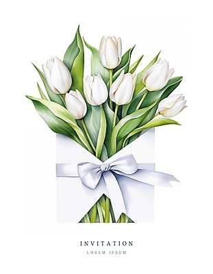 PSD 리본 꽃다발 잎 일러스트 편지봉투 수채화 사람없음 여름 봄 튤립 흰색 메시지 우아함 편지 초대장 초대 국내일러스트 카드프레임 식물 계절 꽃 컬러 컨셉 봉투 카드_감사 프레임 파일형식