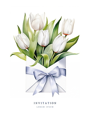PSD 리본 꽃다발 잎 일러스트 편지봉투 수채화 사람없음 여름 봄 튤립 흰색 메시지 우아함 편지 초대장 초대 국내일러스트 카드프레임 식물 계절 꽃 컬러 컨셉 봉투 카드_감사 프레임 파일형식