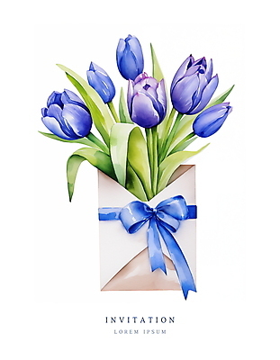 PSD 리본 꽃다발 잎 일러스트 편지봉투 수채화 사람없음 여름 파란색 봄 튤립 메시지 우아함 편지 초대장 초대 국내일러스트 카드프레임 식물 계절 꽃 컬러 컨셉 봉투 카드_감사 프레임 파일형식