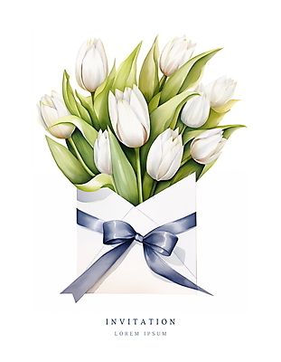 PSD 리본 꽃다발 잎 일러스트 편지봉투 수채화 사람없음 여름 봄 튤립 흰색 메시지 우아함 편지 초대장 초대 국내일러스트 카드프레임 식물 계절 꽃 컬러 컨셉 봉투 카드_감사 프레임 파일형식