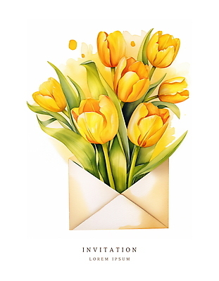 PSD 꽃다발 잎 일러스트 편지봉투 수채화 사람없음 여름 노란색 봄 튤립 메시지 우아함 편지 초대장 초대 국내일러스트 카드프레임 식물 계절 꽃 컬러 컨셉 봉투 카드_감사 프레임 파일형식