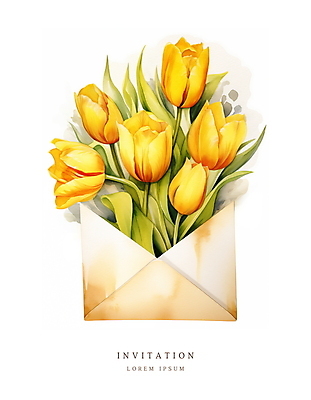 PSD 꽃다발 잎 일러스트 편지봉투 수채화 사람없음 여름 노란색 봄 튤립 메시지 우아함 편지 초대장 초대 국내일러스트 카드프레임 식물 계절 꽃 컬러 컨셉 봉투 카드_감사 프레임 파일형식