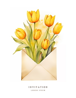 PSD 꽃다발 잎 일러스트 편지봉투 수채화 사람없음 여름 노란색 봄 튤립 메시지 우아함 편지 초대장 초대 국내일러스트 카드프레임 식물 계절 꽃 컬러 컨셉 봉투 카드_감사 프레임 파일형식