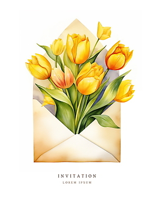 PSD 꽃다발 잎 일러스트 편지봉투 수채화 사람없음 여름 노란색 봄 튤립 메시지 우아함 편지 초대장 초대 국내일러스트 카드프레임 식물 계절 꽃 컬러 컨셉 봉투 카드_감사 프레임 파일형식