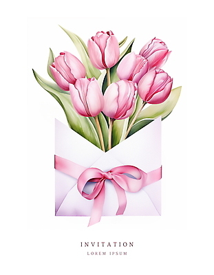 PSD 리본 분홍색 꽃다발 잎 일러스트 편지봉투 수채화 사람없음 여름 봄 튤립 메시지 우아함 편지 초대장 초대 국내일러스트 카드프레임 식물 계절 꽃 컬러 컨셉 봉투 카드_감사 프레임 파일형식