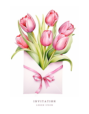 PSD 리본 분홍색 꽃다발 잎 일러스트 편지봉투 수채화 사람없음 여름 봄 튤립 메시지 우아함 편지 초대장 초대 국내일러스트 카드프레임 식물 계절 꽃 컬러 컨셉 봉투 카드_감사 프레임 파일형식