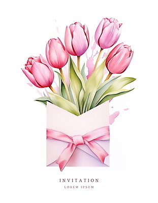 PSD 리본 분홍색 꽃다발 잎 일러스트 편지봉투 수채화 사람없음 여름 봄 튤립 메시지 우아함 편지 초대장 초대 국내일러스트 카드프레임 식물 계절 꽃 컬러 컨셉 봉투 카드_감사 프레임 파일형식