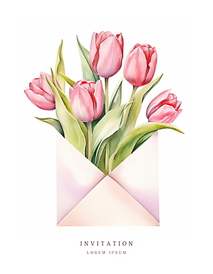 PSD 분홍색 꽃다발 잎 일러스트 편지봉투 수채화 사람없음 여름 봄 튤립 메시지 우아함 편지 초대장 초대 국내일러스트 카드프레임 식물 계절 꽃 컬러 컨셉 봉투 카드_감사 프레임 파일형식