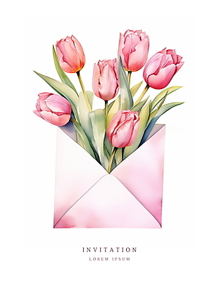 PSD 분홍색 꽃다발 잎 일러스트 편지봉투 수채화 사람없음 여름 봄 튤립 메시지 우아함 편지 초대장 초대 국내일러스트 카드프레임 식물 계절 꽃 컬러 컨셉 봉투 카드_감사 프레임 파일형식