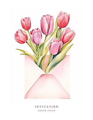 PSD 분홍색 꽃다발 잎 일러스트 편지봉투 수채화 사람없음 여름 봄 튤립 메시지 우아함 편지 초대장 초대 국내일러스트 카드프레임 식물 계절 꽃 컬러 컨셉 봉투 카드_감사 프레임 파일형식
