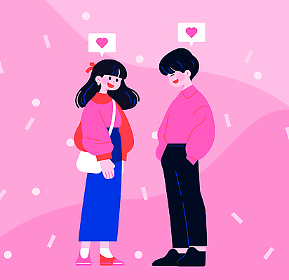 전신 캐릭터 커플 여자 패션 남자 행복 분홍색 말풍선 데이트 일러스트 사랑 서기 미소 성인 두명 캐주얼 하트 주머니손 성인만 국내일러스트 일러캐릭터 AI파일 모양 옷 감정 컬러 관계 모션 표정 사람 파일형식 벡터