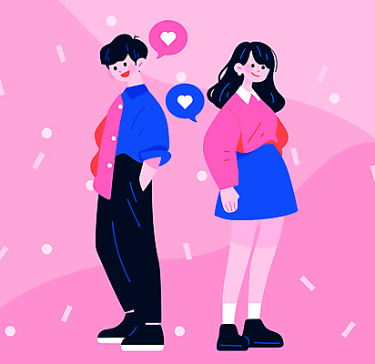 전신 캐릭터 커플 여자 패션 남자 행복 분홍색 말풍선 데이트 일러스트 사랑 서기 미소 성인 두명 캐주얼 하트 주머니손 성인만 국내일러스트 일러캐릭터 AI파일 모양 옷 감정 컬러 관계 모션 표정 사람 파일형식 벡터