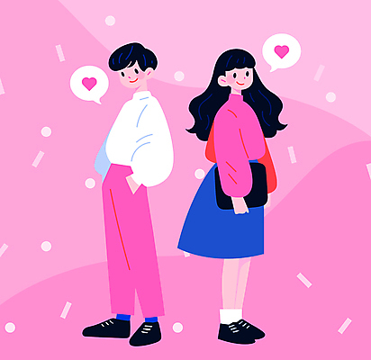 전신 캐릭터 커플 여자 패션 남자 행복 분홍색 말풍선 데이트 일러스트 사랑 서기 미소 성인 두명 캐주얼 하트 주머니손 성인만 국내일러스트 일러캐릭터 AI파일 모양 옷 감정 컬러 관계 모션 표정 사람 파일형식 벡터