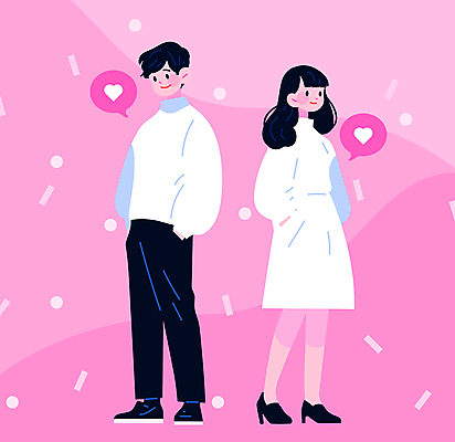 전신 캐릭터 커플 여자 패션 남자 행복 분홍색 말풍선 데이트 일러스트 사랑 서기 미소 성인 두명 캐주얼 하트 주머니손 성인만 국내일러스트 일러캐릭터 AI파일 모양 옷 감정 컬러 관계 모션 표정 사람 파일형식 벡터