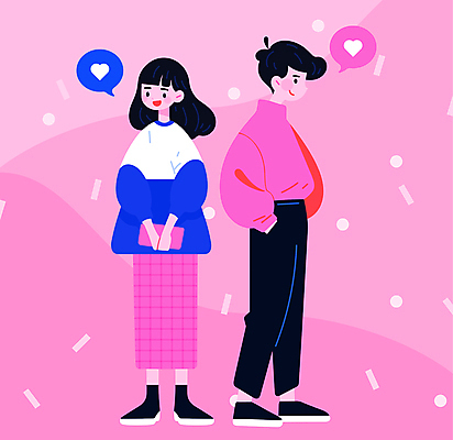 전신 캐릭터 커플 여자 패션 남자 행복 분홍색 말풍선 데이트 일러스트 사랑 서기 미소 성인 두명 캐주얼 하트 주머니손 성인만 국내일러스트 일러캐릭터 AI파일 모양 옷 감정 컬러 관계 모션 표정 사람 파일형식 벡터