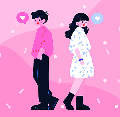 전신 캐릭터 커플 여자 패션 남자 행복 분홍색 말풍선 데이트 일러스트 사랑 서기 미소 성인 두명 캐주얼 하트 주머니손 성인만 국내일러스트 일러캐릭터 AI파일 모양 옷 감정 컬러 관계 모션 표정 사람 파일형식 벡터