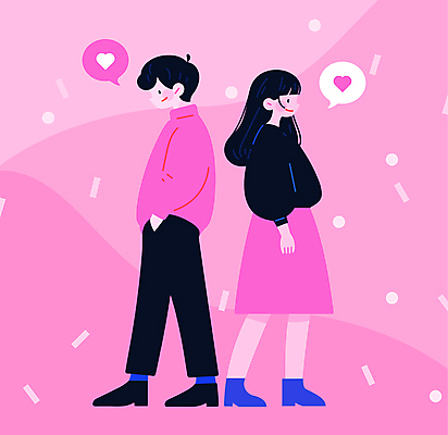 전신 캐릭터 커플 여자 패션 남자 행복 분홍색 말풍선 데이트 일러스트 사랑 서기 미소 성인 두명 캐주얼 하트 주머니손 성인만 국내일러스트 일러캐릭터 AI파일 모양 옷 감정 컬러 관계 모션 표정 사람 파일형식 벡터