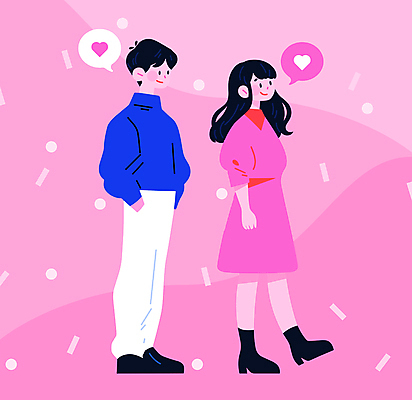 전신 캐릭터 커플 여자 패션 남자 행복 분홍색 말풍선 데이트 일러스트 사랑 서기 미소 성인 두명 캐주얼 하트 주머니손 성인만 국내일러스트 일러캐릭터 AI파일 모양 옷 감정 컬러 관계 모션 표정 사람 파일형식 벡터