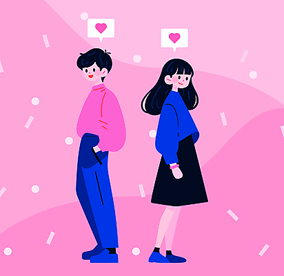 전신 캐릭터 커플 여자 패션 남자 행복 분홍색 말풍선 데이트 일러스트 사랑 서기 미소 성인 두명 캐주얼 하트 주머니손 성인만 국내일러스트 일러캐릭터 AI파일 모양 옷 감정 컬러 관계 모션 표정 사람 파일형식 벡터