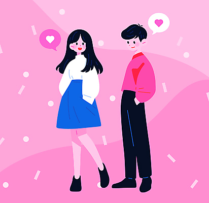 전신 캐릭터 커플 여자 패션 남자 행복 분홍색 말풍선 데이트 일러스트 사랑 서기 미소 성인 두명 캐주얼 하트 주머니손 성인만 국내일러스트 일러캐릭터 AI파일 모양 옷 감정 컬러 관계 모션 표정 사람 파일형식 벡터