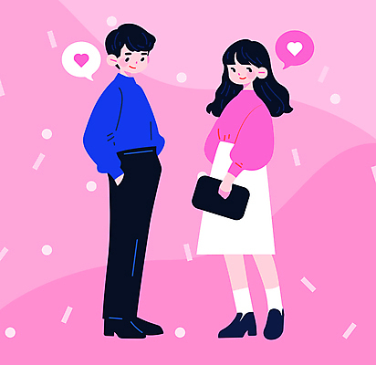전신 캐릭터 커플 여자 패션 남자 행복 분홍색 말풍선 데이트 일러스트 사랑 서기 미소 성인 두명 캐주얼 하트 주머니손 성인만 국내일러스트 일러캐릭터 AI파일 모양 옷 감정 컬러 관계 모션 표정 사람 파일형식 벡터