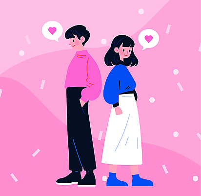전신 캐릭터 커플 여자 패션 남자 행복 분홍색 말풍선 데이트 일러스트 사랑 서기 미소 성인 두명 캐주얼 하트 주머니손 성인만 국내일러스트 일러캐릭터 AI파일 모양 옷 감정 컬러 관계 모션 표정 사람 파일형식 벡터