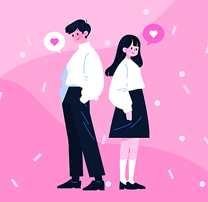 전신 캐릭터 커플 여자 패션 남자 행복 분홍색 말풍선 데이트 일러스트 사랑 서기 미소 성인 두명 캐주얼 하트 주머니손 성인만 국내일러스트 일러캐릭터 AI파일 모양 옷 감정 컬러 관계 모션 표정 사람 파일형식 벡터