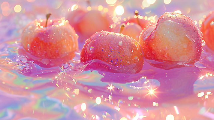 JPG 편집이미지 분홍색 사람없음 물 반짝임 물방울 화려 디지털합성 복숭아 편집실사 AI포토 AI콘텐츠 자연요소 컬러 컨셉 과일 모션 CG 파일형식