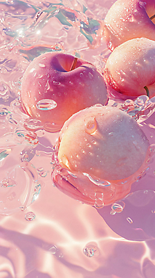 JPG 편집이미지 분홍색 사람없음 물 반짝임 물방울 화려 디지털합성 복숭아 편집실사 AI포토 AI콘텐츠 자연요소 컬러 컨셉 과일 모션 CG 파일형식