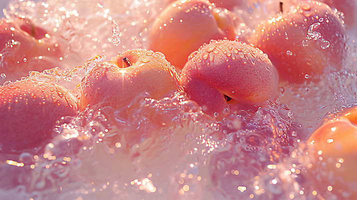 JPG 편집이미지 분홍색 사람없음 물 반짝임 물방울 화려 디지털합성 복숭아 편집실사 AI포토 AI콘텐츠 자연요소 컬러 컨셉 과일 모션 CG 파일형식