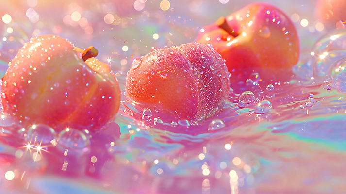 JPG 편집이미지 분홍색 사람없음 물 반짝임 물방울 화려 디지털합성 복숭아 편집실사 AI포토 AI콘텐츠 자연요소 컬러 컨셉 과일 모션 CG 파일형식