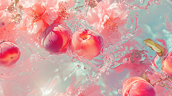 JPG 편집이미지 분홍색 사람없음 물 반짝임 물방울 화려 디지털합성 복숭아 편집실사 AI포토 AI콘텐츠 자연요소 컬러 컨셉 과일 모션 CG 파일형식